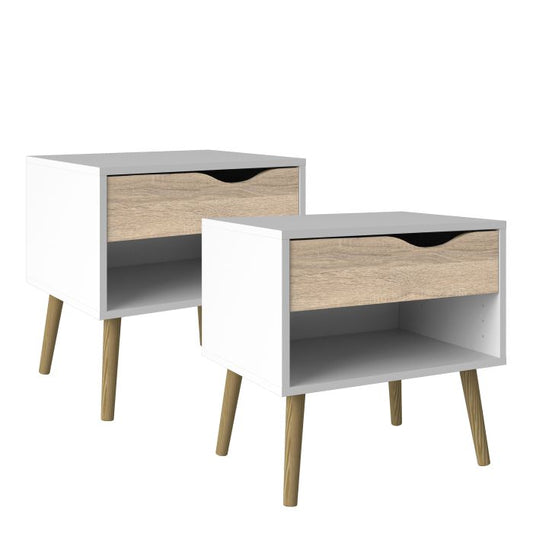 Twin Oslo Bedside 1 Drawer Cabinets in White and Oak