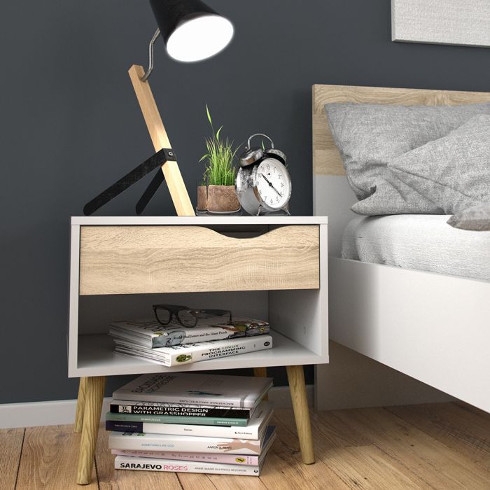 Twin Oslo Bedside 1 Drawer Cabinets in White and Oak