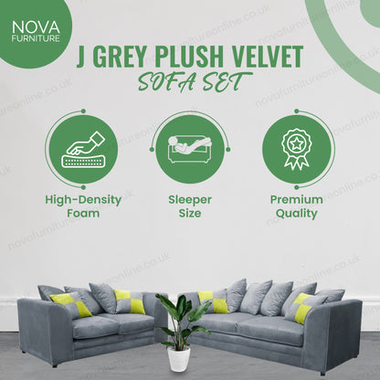 Grey Plush Velvet Sofa Set